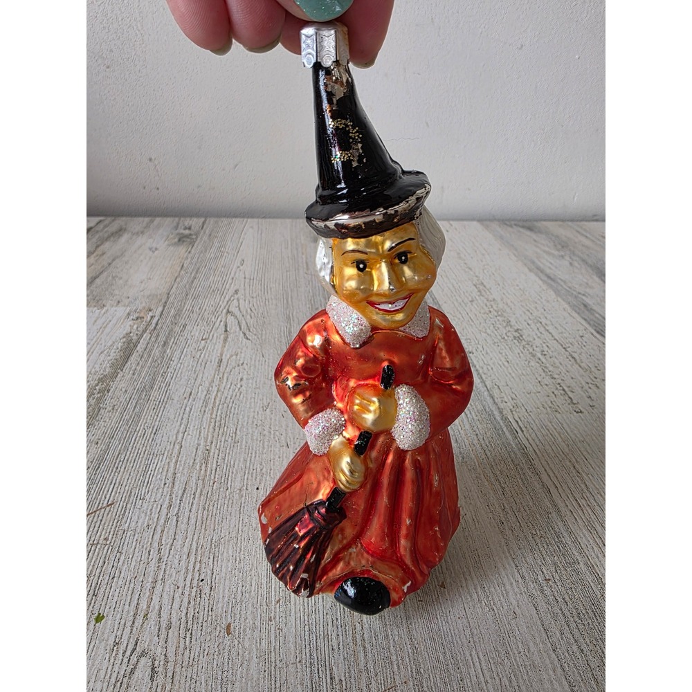 Vintage radko witch bea witched Halloween glass ornament broom glitter tree Xmas